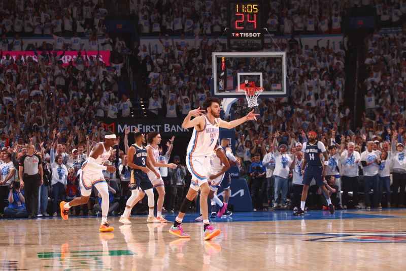 OKLAHOMA CITY, OK - APRIL 21:  Chet Holmgren #7 of the Oklahoma City Thunder celebrates during the game against the New Orleans Pelicans during Round 1 Game 1 of the 2024 NBA Playoffs on April 21, 2024 at Paycom Arena in Oklahoma City, Oklahoma. NOTE TO USER: User expressly acknowledges and agrees that, by downloading and or using this photograph, User is consenting to the terms and conditions of the Getty Images License Agreement. Mandatory Copyright Notice: Copyright 2024 NBAE (Photo by Zach Beeker/NBAE via Getty Images)