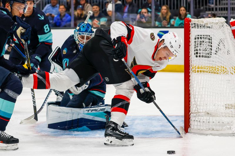 Jan 4, 2024; Seattle, Washington, USA; Ottawa Senators left wing Brady Tkachuk (7) fails to put a deflection into the net against Seattle Kraken goaltender Joey Daccord (35) during the first period at Climate Pledge Arena. Mandatory Credit: Joe Nicholson-USA TODAY Sports