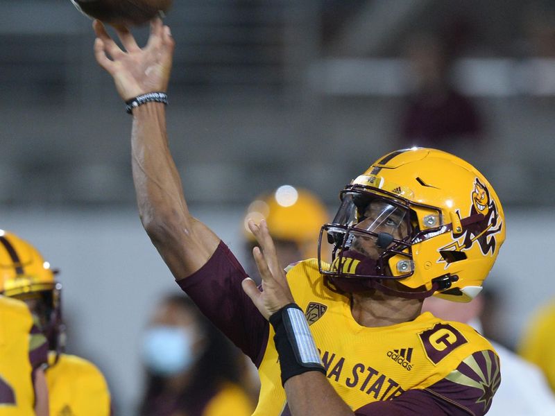 Sep 25, 2021; Tempe, Arizona, USA; Arizona State Sun Devils quarterback Jayden Daniels (5) warms up prior to facing the Colorado Buffaloes at Sun Devil Stadium. Mandatory Credit: Joe Camporeale-USA TODAY Sports