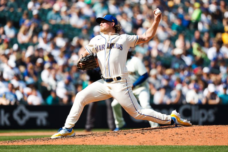 Aug 27, 2023; Seattle, Washington, USA; Seattle Mariners relief pitcher Gabe Speier (55) throws against the Kansas City Royals during the eighth inning at T-Mobile Park. Mandatory Credit: Joe Nicholson-USA TODAY Sports
