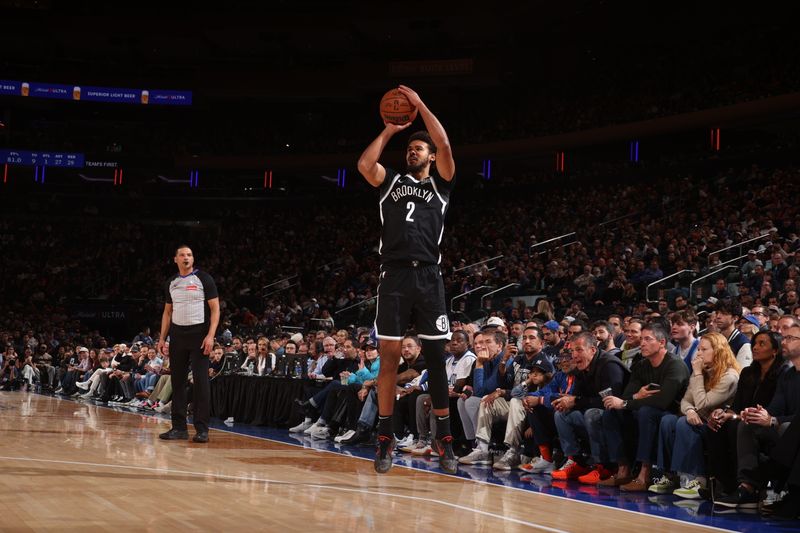 NEW YORK, NY - NOVEMBER 17: Cameron Johnson #2 of the Brooklyn Nets shoots a three point basket during the game against the New York Knicks on November 17, 2024 at Madison Square Garden in New York City, New York.  NOTE TO USER: User expressly acknowledges and agrees that, by downloading and or using this photograph, User is consenting to the terms and conditions of the Getty Images License Agreement. Mandatory Copyright Notice: Copyright 2024 NBAE  (Photo by Nathaniel S. Butler/NBAE via Getty Images)