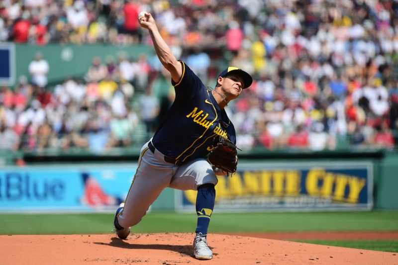 May 26, 2024; Boston, Massachusetts, USA;  Milwaukee Brewers starting pitcher Tobias Myers (36) pitches during the first inning against the Boston Red Sox at Fenway Park. Mandatory Credit: Bob DeChiara-USA TODAY Sports
