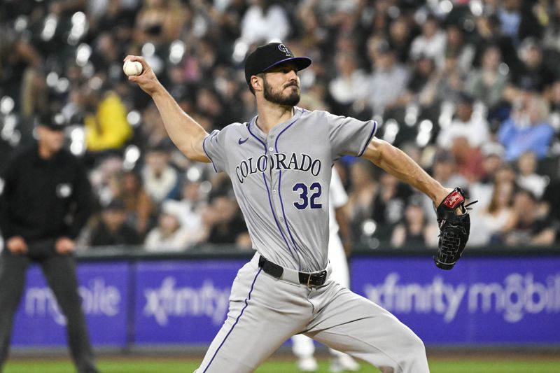 Jun 27, 2024; Chicago, Illinois, USA;  Colorado Rockies pitcher Dakota Hudson (32) delivers during the first inning against the Chicago White Sox at Guaranteed Rate Field. Mandatory Credit: Matt Marton-USA TODAY Sports