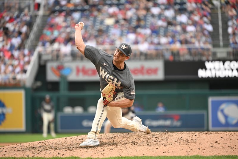 Aug 31, 2024; Washington, District of Columbia, USA; Washington Nationals relief pitcher Jacob Barnes (59) throws a pitch against the Chicago Cubs during the fifth inning at Nationals Park. Mandatory Credit: Rafael Suanes-USA TODAY Sports