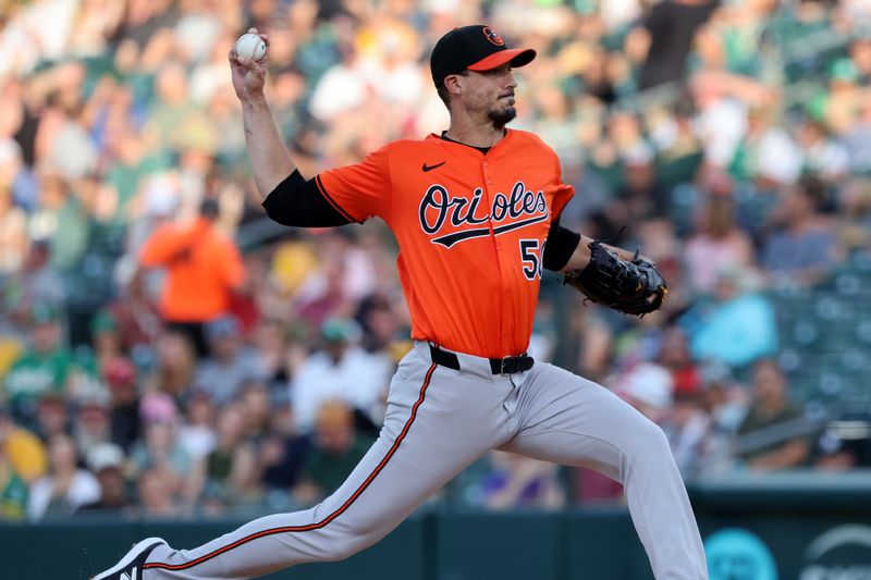 Jun 7, 2025; West Sacramento, California, USA; Baltimore Orioles starting pitcher Charlie Morton (50) throws a pitch against the Athletics during the first inning at Sutter Health Park. Mandatory Credit: Dennis Lee-Imagn Images