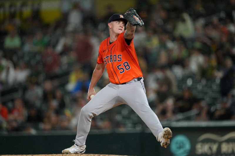 Sep 24, 2025; West Sacramento, California, USA; Houston Astros pitcher Hunter Brown (58) delivers a pitch against the Athletics in the fifth inning at Sutter Health Park. Mandatory Credit: Cary Edmondson-Imagn Images