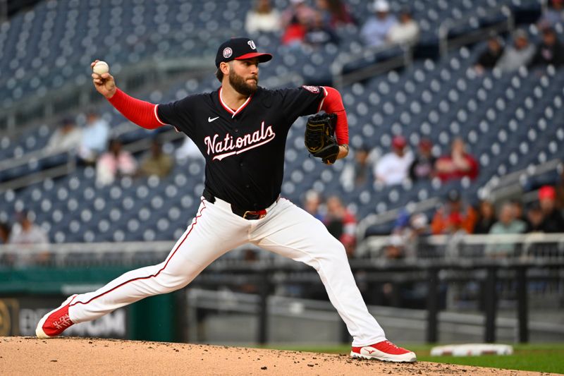 May 22, 2025; Washington, District of Columbia, USA; Washington Nationals pitcher Trevor Williams (32) throws to the Atlanta Braves during the second inning at Nationals Park. Mandatory Credit: Brad Mills-Imagn Images