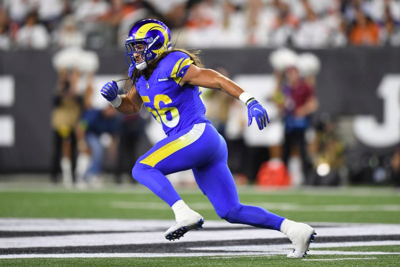 Los Angeles Rams linebacker Christian Rozeboom (56) runs for the play during an NFL football game against the Cincinnati Bengals on Monday, Sept. 25, 2023, in Cincinnati. (AP Photo/Emilee Chinn)