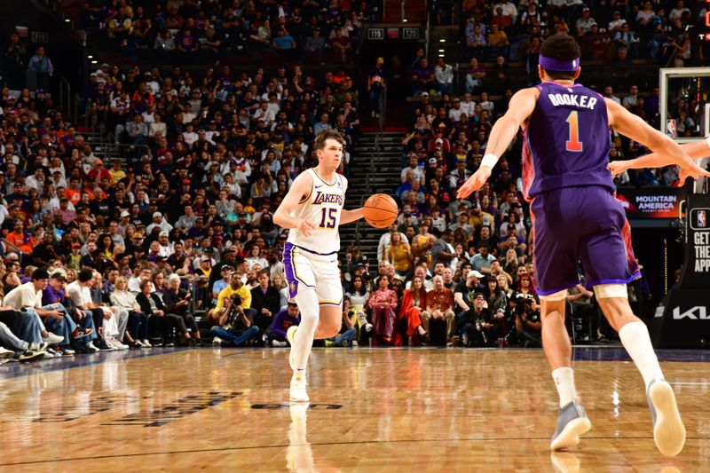 PHOENIX, AZ - FEBRUARY 25: Austin Reaves #15 of the Los Angeles Lakers dribbles the ball during the game against the Phoenix Suns on February 25, 2024 at Footprint Center in Phoenix, Arizona. NOTE TO USER: User expressly acknowledges and agrees that, by downloading and or using this photograph, user is consenting to the terms and conditions of the Getty Images License Agreement. Mandatory Copyright Notice: Copyright 2024 NBAE (Photo by Kate Frese/NBAE via Getty Images)