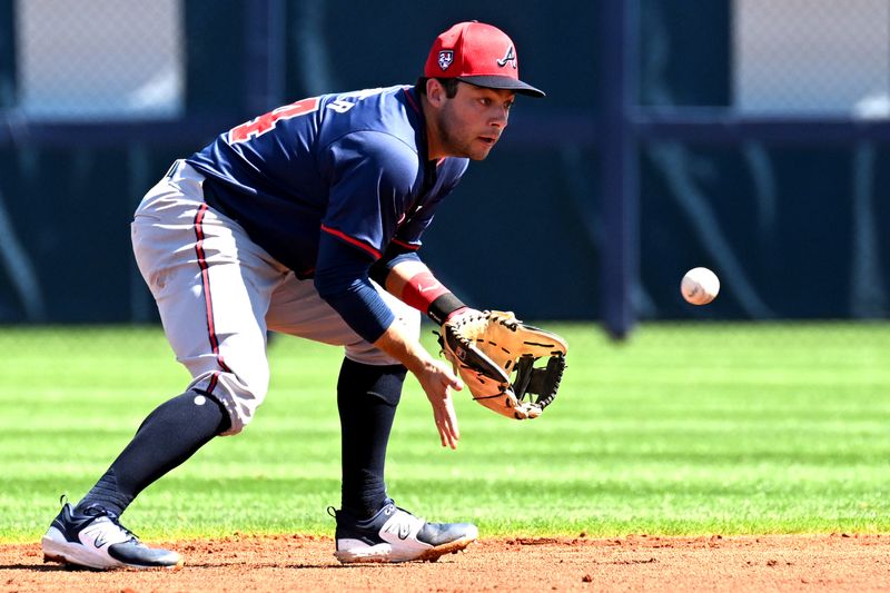 Feb 24, 2024; Port Charlotte, Florida, USA;  Atlanta Braves second baseman David Fletcher (64) fields a ground ball in the first inning of a spring training game against the Tampa Bay Rays at Charlotte Sports Park. Mandatory Credit: Jonathan Dyer-USA TODAY Sports