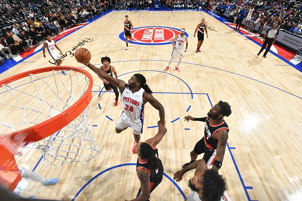 DETROIT, MI - NOVEMBER 1: Isaiah Stewart #28 of the Detroit Pistons grabs a rebound during the game against the Portland Trail Blazers on November 1, 2023 at Little Caesars Arena in Detroit, Michigan. NOTE TO USER: User expressly acknowledges and agrees that, by downloading and/or using this photograph, User is consenting to the terms and conditions of the Getty Images License Agreement. Mandatory Copyright Notice: Copyright 2023 NBAE (Photo by Chris Schwegler/NBAE via Getty Images)