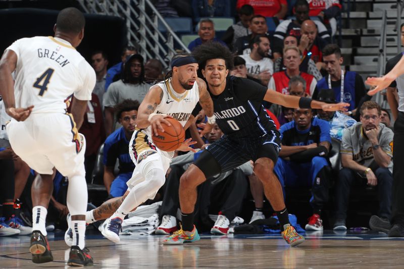 NEW ORLEANS, LA - OCTOBER 7: Jose Alvarado #15 of the New Orleans Pelicans drives to the basket during the game against the Orlando Magic on October 7, 2024 at the Smoothie King Center in New Orleans, Louisiana. NOTE TO USER: User expressly acknowledges and agrees that, by downloading and or using this Photograph, user is consenting to the terms and conditions of the Getty Images License Agreement. Mandatory Copyright Notice: Copyright 2024 NBAE (Photo by Layne Murdoch Jr./NBAE via Getty Images)