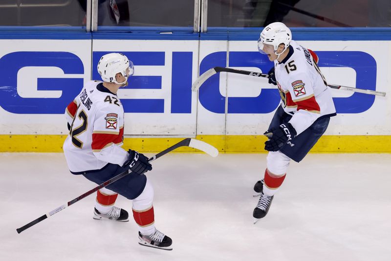 May 30, 2024; New York, New York, USA; Florida Panthers center Anton Lundell (15) celebrates his goal against the New York Rangers with defenseman Gustav Forsling (42) during the third period of game five of the Eastern Conference Final of the 2024 Stanley Cup Playoffs at Madison Square Garden. Mandatory Credit: Brad Penner-USA TODAY Sports