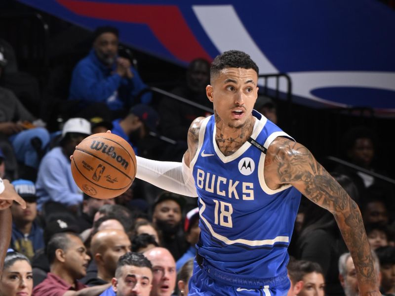 PHILADELPHIA, PA - APRIL 3:  Kyle Kuzma #18 of the Milwaukee Bucks dribbles the ball during the game against the Philadelphia 76ers on April 3, 2025 at the Wells Fargo Center in Philadelphia, Pennsylvania NOTE TO USER: User expressly acknowledges and agrees that, by downloading and/or using this Photograph, user is consenting to the terms and conditions of the Getty Images License Agreement. Mandatory Copyright Notice: Copyright 2025 NBAE (Photo by David Dow/NBAE via Getty Images)