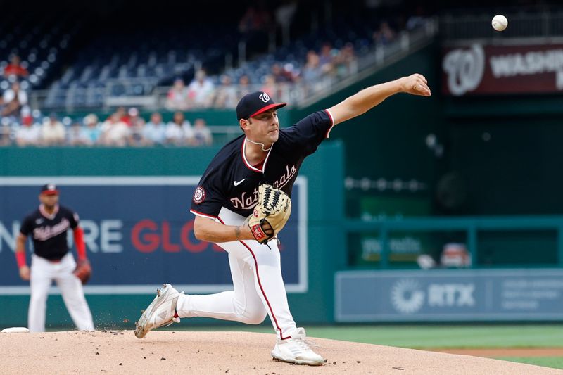 Jul 24, 2024; Washington, District of Columbia, USA; Washington Nationals starting pitcher Mitchell Parker (70) pitches against the San Diego Padres during the first inning at Nationals Park. Mandatory Credit: Geoff Burke-USA TODAY Sports