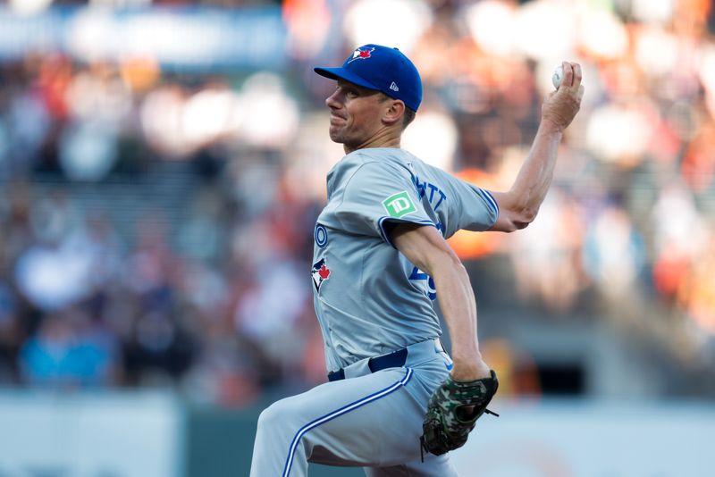 Jul 10, 2024; San Francisco, California, USA; Toronto Blue Jays pitcher Chris Bassitt (40) throws a pitch during the first inning against the San Francisco Giants at Oracle Park. Mandatory Credit: Sergio Estrada-USA TODAY Sports