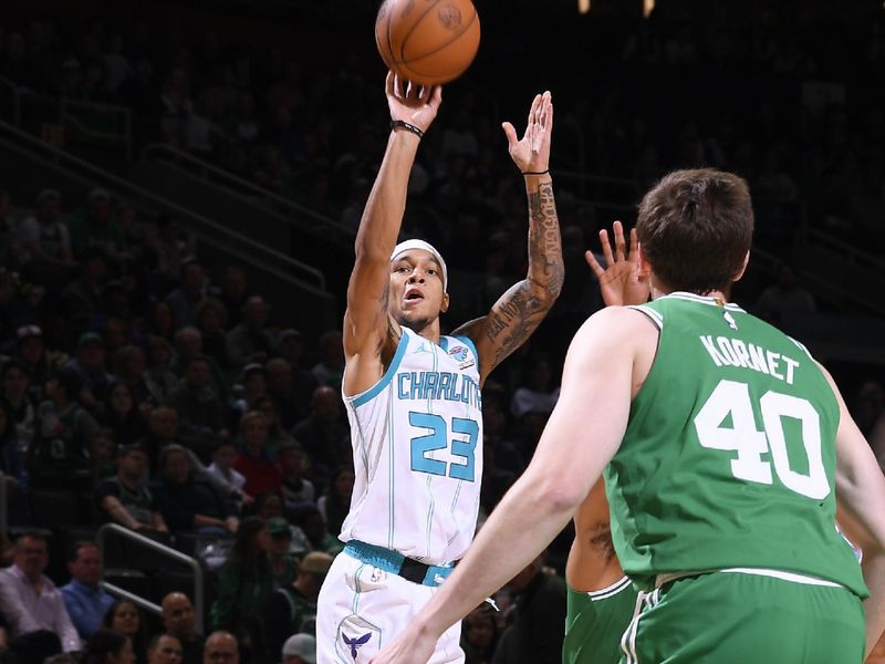 BOSTON, MA - APRIL 12:  Tre Mann #23 of the Charlotte Hornets shoots the ball during the game against the Boston Celtics on April 12, 2024 at the TD Garden in Boston, Massachusetts. NOTE TO USER: User expressly acknowledges and agrees that, by downloading and or using this photograph, User is consenting to the terms and conditions of the Getty Images License Agreement. Mandatory Copyright Notice: Copyright 2024 NBAE  (Photo by Brian Babineau/NBAE via Getty Images)