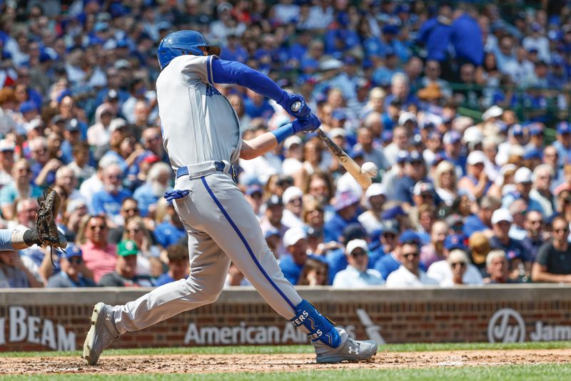 Aug 18, 2023; Chicago, Illinois, USA; Kansas City Royals center fielder Drew Waters (6) singles against the Chicago Cubs during the third inning at Wrigley Field. Mandatory Credit: Kamil Krzaczynski-USA TODAY Sports