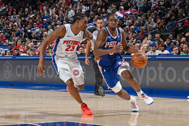 PHILADELPHIA, PA - OCTOBER 30: Tyrese Maxey #0 of the Philadelphia 76ers dribbles the ball during the game against the Detroit Pistons on October 30, 2024 at the Wells Fargo Center in Philadelphia, Pennsylvania NOTE TO USER: User expressly acknowledges and agrees that, by downloading and/or using this Photograph, user is consenting to the terms and conditions of the Getty Images License Agreement. Mandatory Copyright Notice: Copyright 2024 NBAE (Photo by David Dow/NBAE via Getty Images)