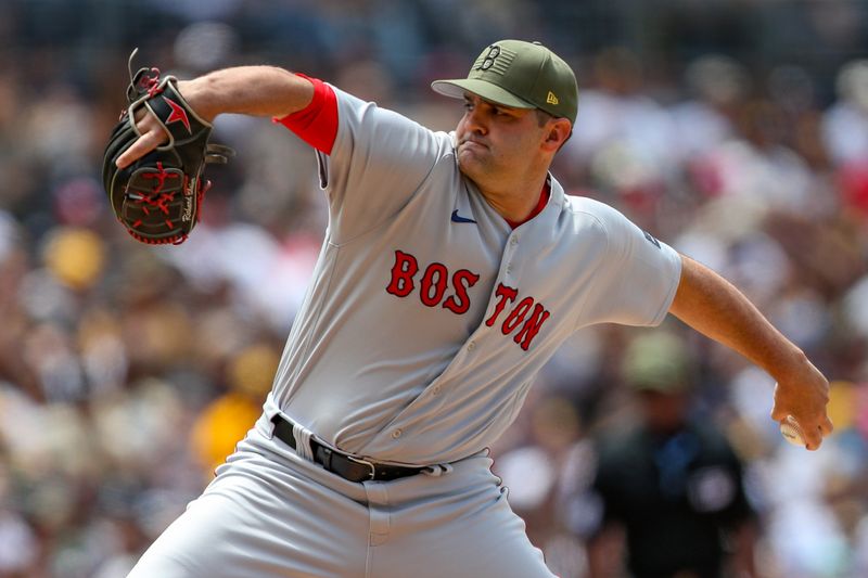 May 21, 2023; San Diego, California, USA; Boston Red Sox relief pitcher Richard Bleier (35) throws a pitch during the third inning against the San Diego Padres at Petco Park. Mandatory Credit: David Frerker-USA TODAY Sports