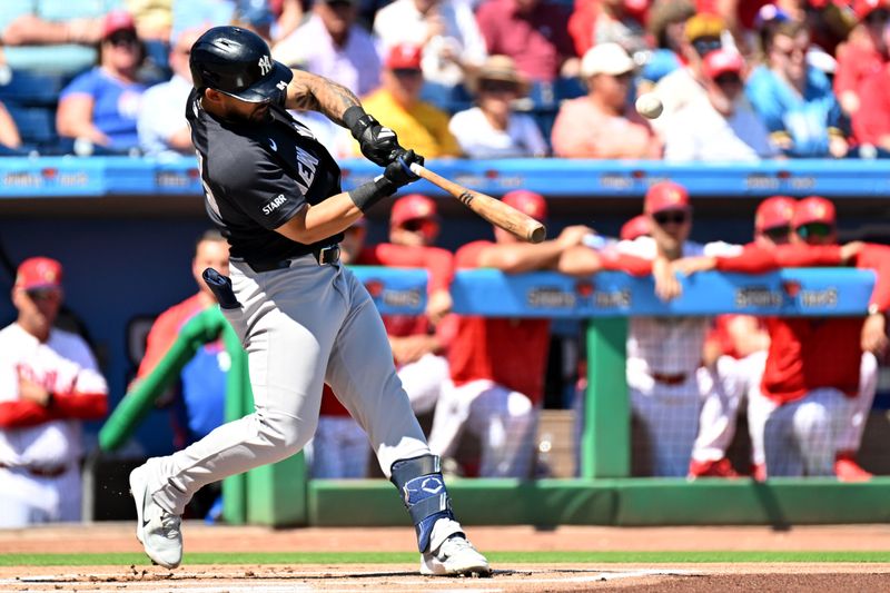 Mar 10, 2026; Clearwater, Florida, USA; New York Yankees left fielder Jasson Dominguez (24) hits a solo home run in the first inning against the Philadelphia Phillies during spring training at BayCare Ballpark. Mandatory Credit: Jonathan Dyer-Imagn Images