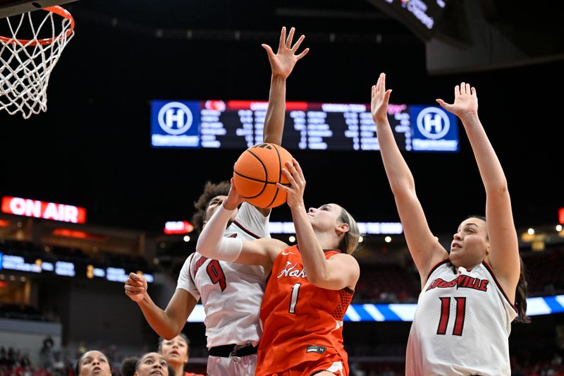 Jan 4, 2026; Louisville, Kentucky, USA;  Virginia Tech Hokies guard Carleigh Wenzel (1) shoots against Louisville Cardinals forward Anaya Hardy (9) and forward Elif Istanbulluoglu (11) during the second half at KFC Yum! Center. Louisville defeated Virginia Tech 85-60. Mandatory Credit: Jamie Rhodes-Imagn Images