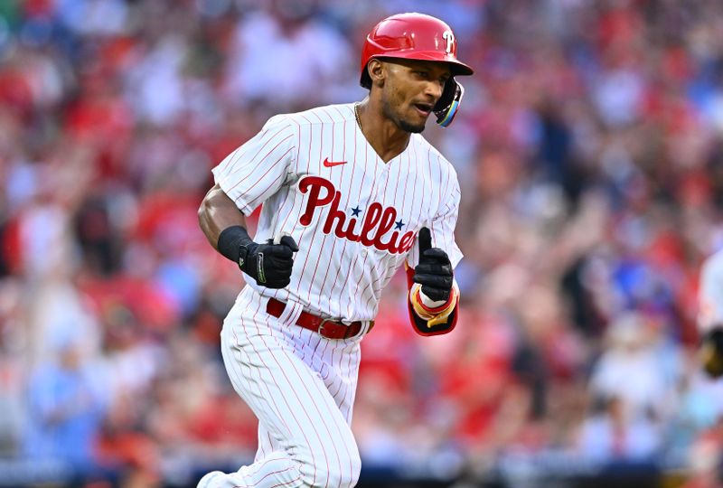 Jul 25, 2023; Philadelphia, Pennsylvania, USA; Philadelphia Phillies outfielder Johan Rojas (18) reacts after hitting an RBI single against the Baltimore Orioles in the third inning at Citizens Bank Park. Mandatory Credit: Kyle Ross-USA TODAY Sports