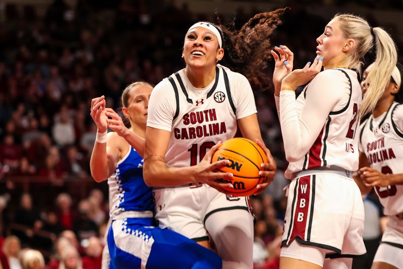 Jan 15, 2024; Columbia, South Carolina, USA; South Carolina Gamecocks center Kamilla Cardoso (10) drives against the Kentucky Wildcats in the first half at Colonial Life Arena. Mandatory Credit: Jeff Blake-USA TODAY Sports