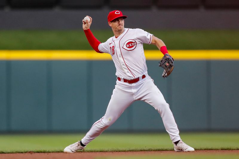 Apr 18, 2023; Cincinnati, Ohio, USA; Cincinnati Reds shortstop Kevin Newman (28) throws to first to get Tampa Bay Rays second baseman Taylor Walls (not pictured) out in the fourth inning at Great American Ball Park. Mandatory Credit: Katie Stratman-USA TODAY Sports