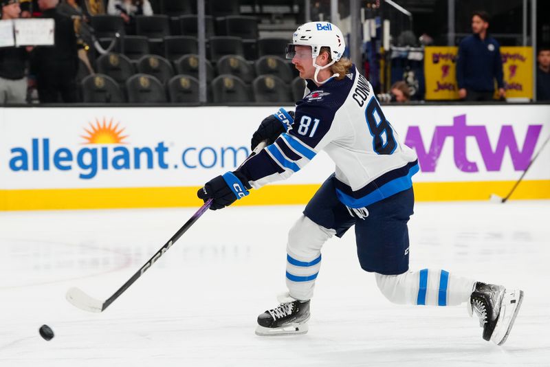 Nov 2, 2023; Las Vegas, Nevada, USA; Winnipeg Jets left wing Kyle Connor (81) warms up before a game against the Vegas Golden Knights at T-Mobile Arena. Mandatory Credit: Stephen R. Sylvanie-USA TODAY Sports