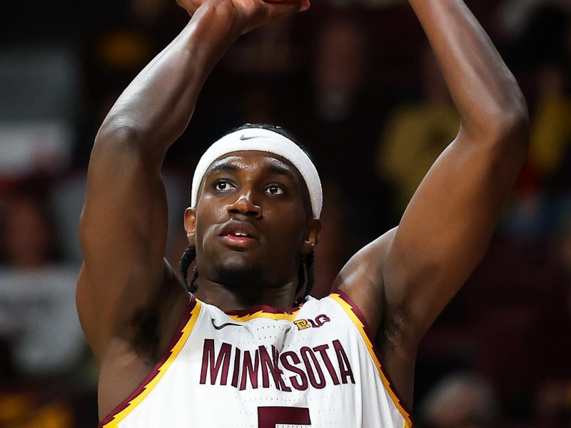 Nov 16, 2023; Minneapolis, Minnesota, USA; Minnesota Golden Gophers forward Isaiah Ihnen (5) shoots against the Missouri Tigers during the first half at Williams Arena. Mandatory Credit: Matt Krohn-USA TODAY Sports