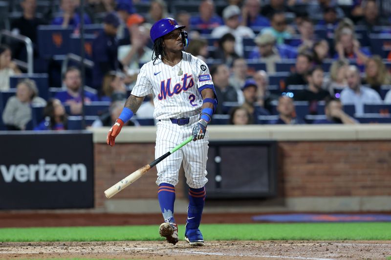 Sep 18, 2024; New York City, New York, USA; New York Mets shortstop Luisangel Acuna (2) reacts after striking out during the third inning against the Washington Nationals at Citi Field. Mandatory Credit: Brad Penner-Imagn Images