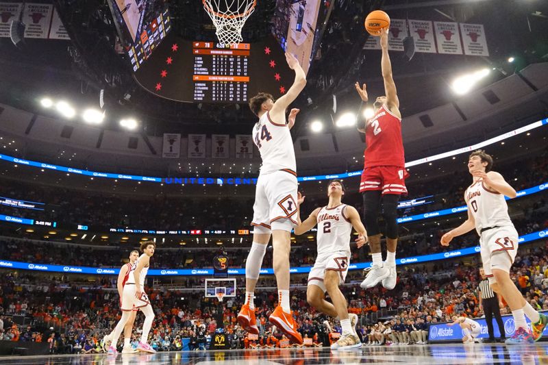 Mar 13, 2026; Chicago, IL, USA; 2 shoots over Illinois Fighting Illini center Zvonimir Ivisic (44) during the second half at United Center. Mandatory Credit: David Banks-Imagn Images