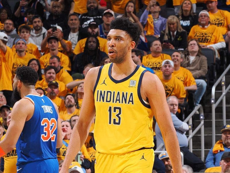 INDIANAPOLIS, IN - MAY 25:  Tony Bradley #13 of the Indiana Pacers during the game against the New York Knicks during Game Three of the Eastern Conference Finals on May 25, 2025 at Gainbridge Fieldhouse in Indianapolis, Indiana. NOTE TO USER: User expressly acknowledges and agrees that, by downloading and or using this Photograph, user is consenting to the terms and conditions of the Getty Images License Agreement. Mandatory Copyright Notice: Copyright 2025 NBAE (Photo by Ron Hoskins/NBAE via Getty Images)