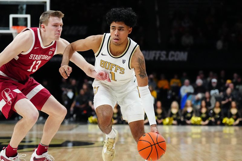 Feb 5, 2023; Boulder, Colorado, USA; Colorado Buffaloes guard Julian Hammond III (1) dribbles past Stanford Cardinal guard Michael Jones (13) ihe first half at the CU Events Center. Mandatory Credit: Ron Chenoy-USA TODAY Sports