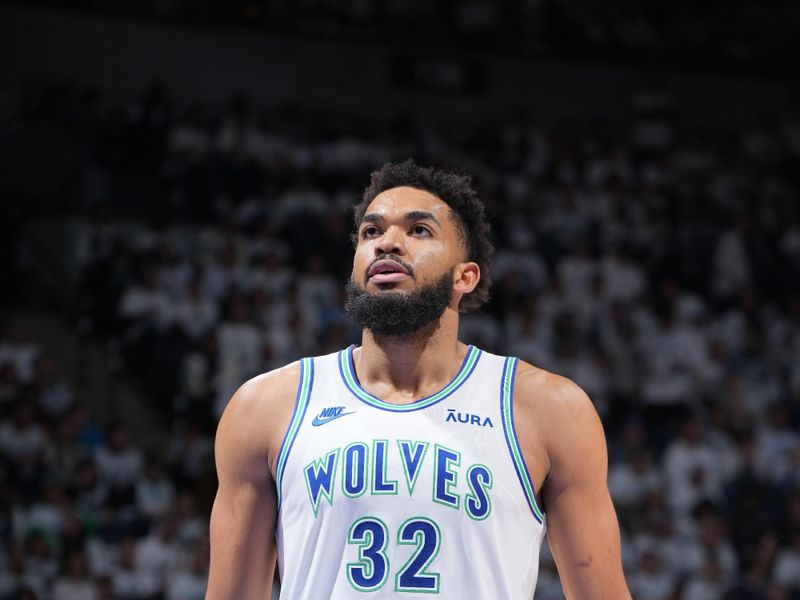 MINNEAPOLIS, MN -  APRIL 23: Karl-Anthony Towns #32 of the Minnesota Timberwolves prepares to shoot a free throw during the game against the Phoenix Suns during Round One Game Two of the 2024 NBA Playoffs on April 23, 2024 at Target Center in Minneapolis, Minnesota. NOTE TO USER: User expressly acknowledges and agrees that, by downloading and or using this Photograph, user is consenting to the terms and conditions of the Getty Images License Agreement. Mandatory Copyright Notice: Copyright 2024 NBAE (Photo by Jordan Johnson/NBAE via Getty Images)