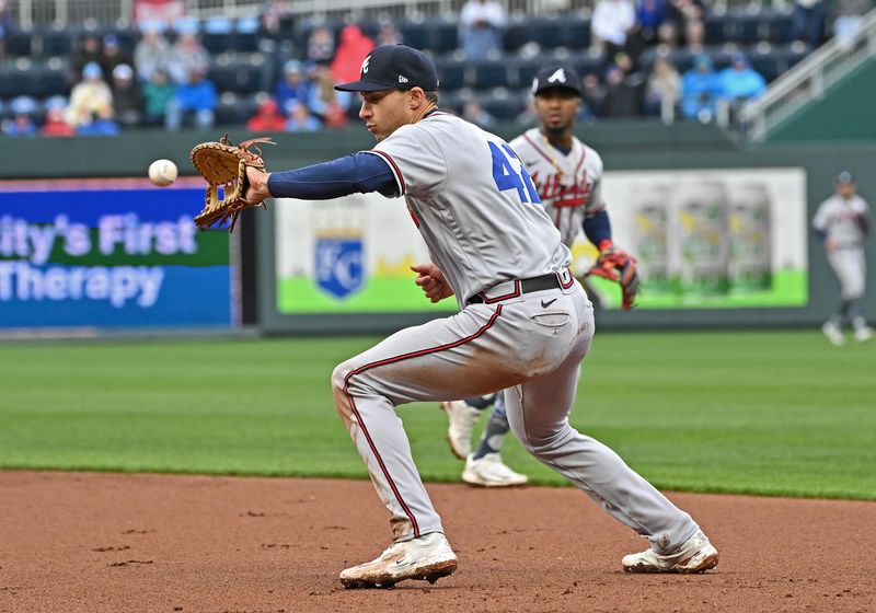 Apr 15, 2023; Kansas City, Missouri, USA;  Atlanta Braves first baseman Matt Olson (28) fields the ball during the third inning against the Kansas City Royals at Kauffman Stadium. Mandatory Credit: Peter Aiken-USA TODAY Sports