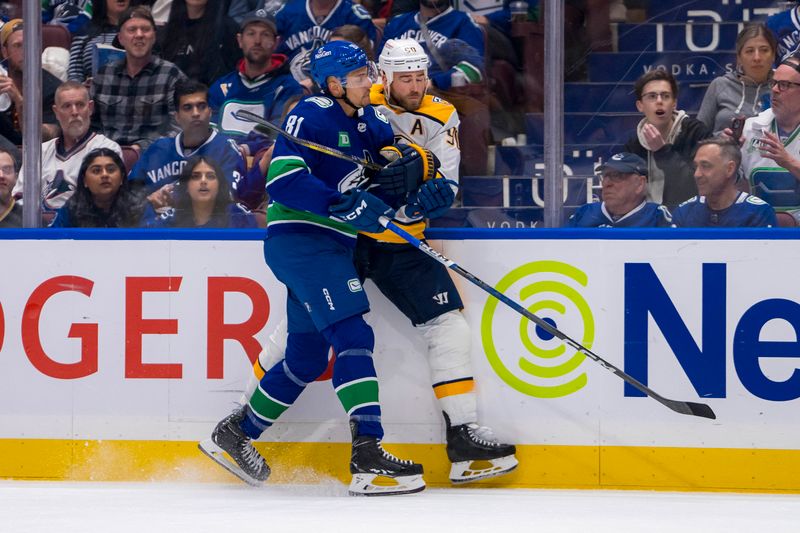 Apr 30, 2024; Vancouver, British Columbia, CAN; Vancouver Canucks forward Dakota Joshua (81) checks Nashville Predators forward Ryan O'Reilly (90) during the first period in game five of the first round of the 2024 Stanley Cup Playoffs at Rogers Arena. Mandatory Credit: Bob Frid-USA TODAY Sports