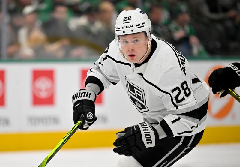 Jan 16, 2024; Dallas, Texas, USA; Los Angeles Kings center Jaret Anderson-Dolan (28) skates against the Dallas Stars during the first period at the American Airlines Center. Mandatory Credit: Jerome Miron-USA TODAY Sports