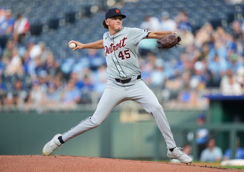 May 20, 2024; Kansas City, Missouri, USA; Detroit Tigers starting pitcher Reese Olson (45) pitches during the first inning against the Kansas City Royals at Kauffman Stadium. Mandatory Credit: Jay Biggerstaff-USA TODAY Sports