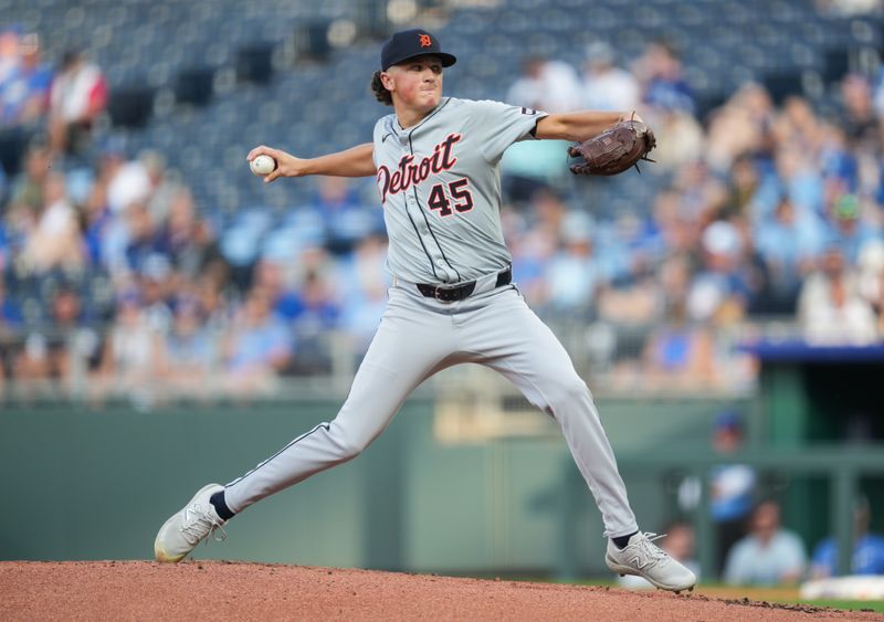 May 20, 2024; Kansas City, Missouri, USA; Detroit Tigers starting pitcher Reese Olson (45) pitches during the first inning against the Kansas City Royals at Kauffman Stadium. Mandatory Credit: Jay Biggerstaff-USA TODAY Sports