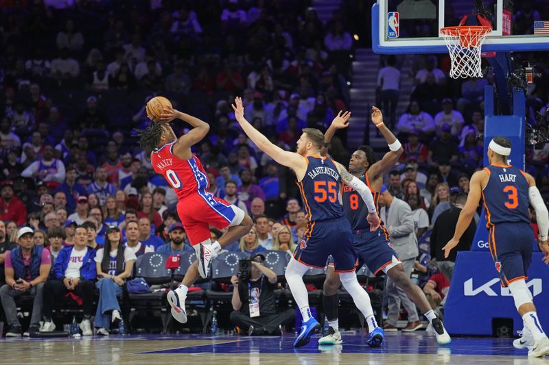 PHILADELPHIA, PA - APRIL 28: Tyrese Maxey #0 of the Philadelphia 76ers shoots the ball during the game against the New York Knicks during Round 1 Game 4 of the 2024 NBA Playoffs on April 28, 2024 at the Wells Fargo Center in Philadelphia, Pennsylvania NOTE TO USER: User expressly acknowledges and agrees that, by downloading and/or using this Photograph, user is consenting to the terms and conditions of the Getty Images License Agreement. Mandatory Copyright Notice: Copyright 2024 NBAE (Photo by Jesse D. Garrabrant/NBAE via Getty Images)