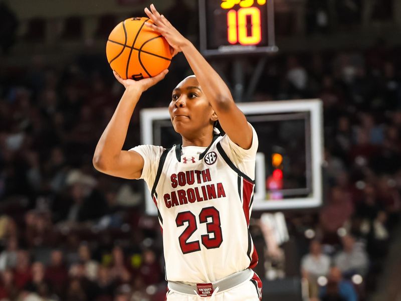 Jan 28, 2024; Columbia, South Carolina, USA; South Carolina Gamecocks guard Bree Hall (23) attempted a three point basket against the Vanderbilt Commodores in the first half at Colonial Life Arena. Mandatory Credit: Jeff Blake-USA TODAY Sports