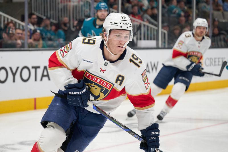 Jan 25, 2025; San Jose, California, USA; Florida Panthers left wing Matthew Tkachuk (19) skates against the San Jose Sharks during the third period at SAP Center at San Jose. Mandatory Credit: Robert Edwards-Imagn Images