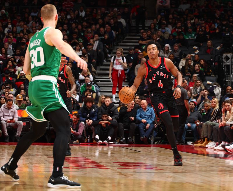 TORONTO, CANADA - JANUARY 15:  Scottie Barnes #4 of the Toronto Raptors handles the ball during the game against the Boston Celtics on January 15, 2024 at the Scotiabank Arena in Toronto, Ontario, Canada.  NOTE TO USER: User expressly acknowledges and agrees that, by downloading and or using this Photograph, user is consenting to the terms and conditions of the Getty Images License Agreement.  Mandatory Copyright Notice: Copyright 2024 NBAE (Photo by Vaughn Ridley/NBAE via Getty Images)