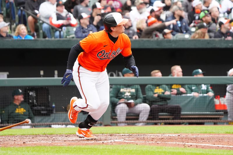 Apr 27, 2024; Baltimore, Maryland, USA; Baltimore Orioles designated hitter Adley Rutschman (35) watches his home run during the fifth inning against the Oakland Athletics at Oriole Park at Camden Yards. Mandatory Credit: Gregory Fisher-USA TODAY Sports