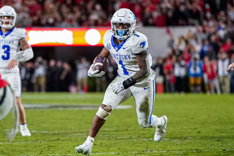 Oct 7, 2023; Athens, Georgia, USA; Kentucky Wildcats running back Ray Davis (1) runs against the Georgia Bulldogs at Sanford Stadium. Mandatory Credit: Dale Zanine-USA TODAY Sports