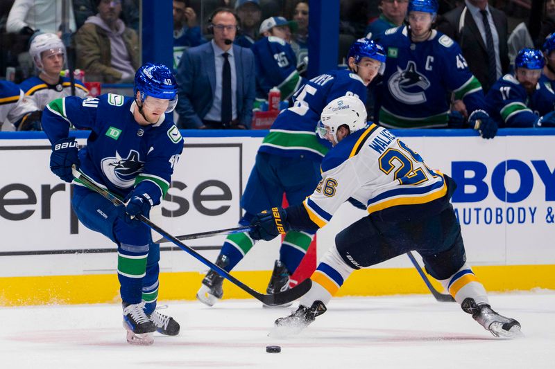 Jan 24, 2024; Vancouver, British Columbia, CAN; Vancouver Canucks forward Elias Pettersson (40) drives around St. Louis Blues forward Nathan Walker (26) in the second period at Rogers Arena. Mandatory Credit: Bob Frid-USA TODAY Sports