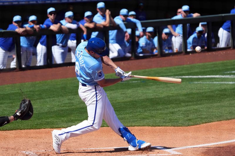 Mar 11, 2024; Surprise, Arizona, USA; Kansas City Royals right fielder Hunter Renfroe (16) bats against the San Francisco Giants during the first inning at Surprise Stadium. Mandatory Credit: Joe Camporeale-USA TODAY Sports