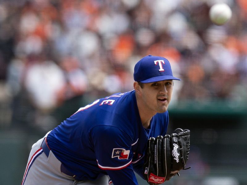 Apr 26, 2025; San Francisco, California, USA; Texas Rangers starting pitcher Tyler Mahle (51) delivers a pitch against the San Francisco Giants during the first inning at Oracle Park. Mandatory Credit: D. Ross Cameron-Imagn Images